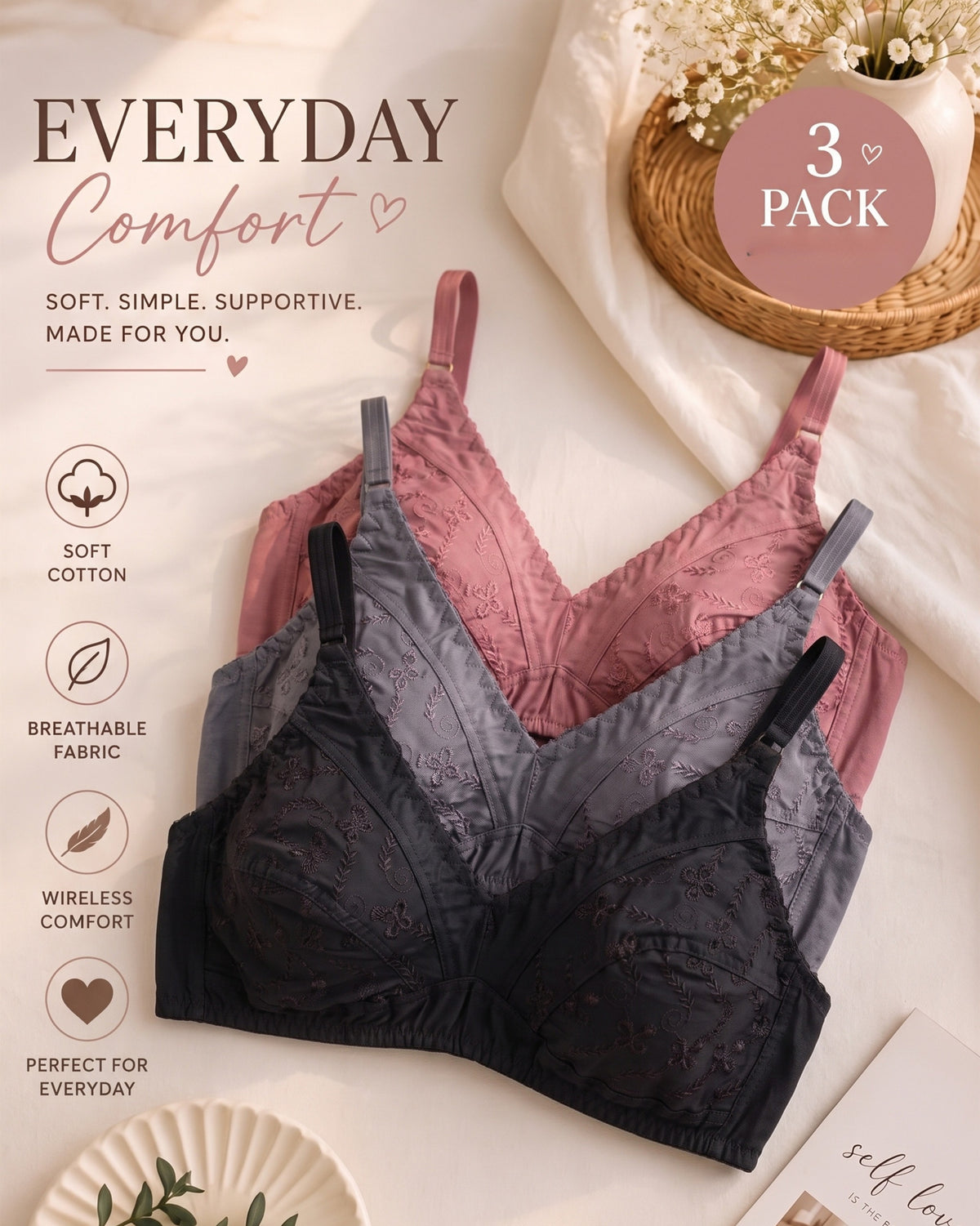 Enjoy everyday comfort with our Everyday Comfort Wireless Bra 3-Pack, designed for women who want gentle support without the discomfort of underwires.