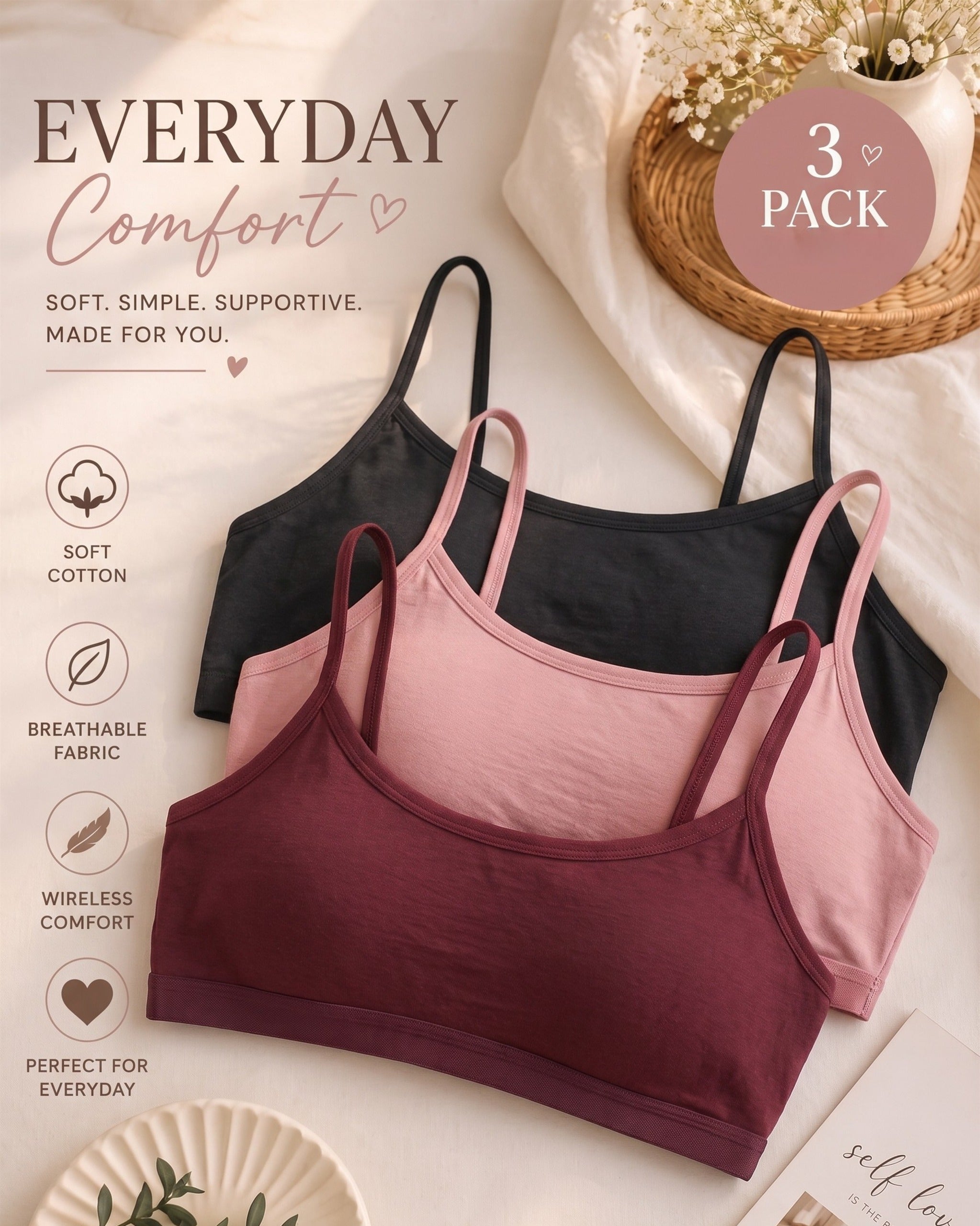 Experience effortless everyday comfort with our Everyday Comfort Wireless Bra 3-Pack. Designed with a soft, lightweight feel and a comfortable wireless construction, these bras are perfect for relaxing, layering, and everyday wear.