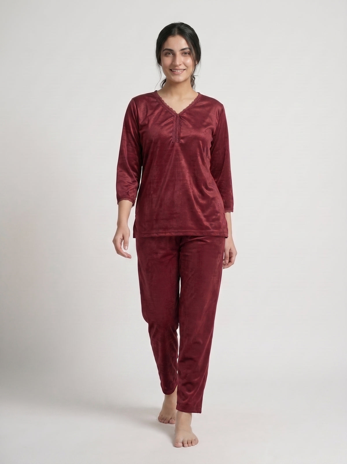 Elevate your nighttime wardrobe with this elegant maroon satin night suit, designed for comfort with a sophisticated touch
