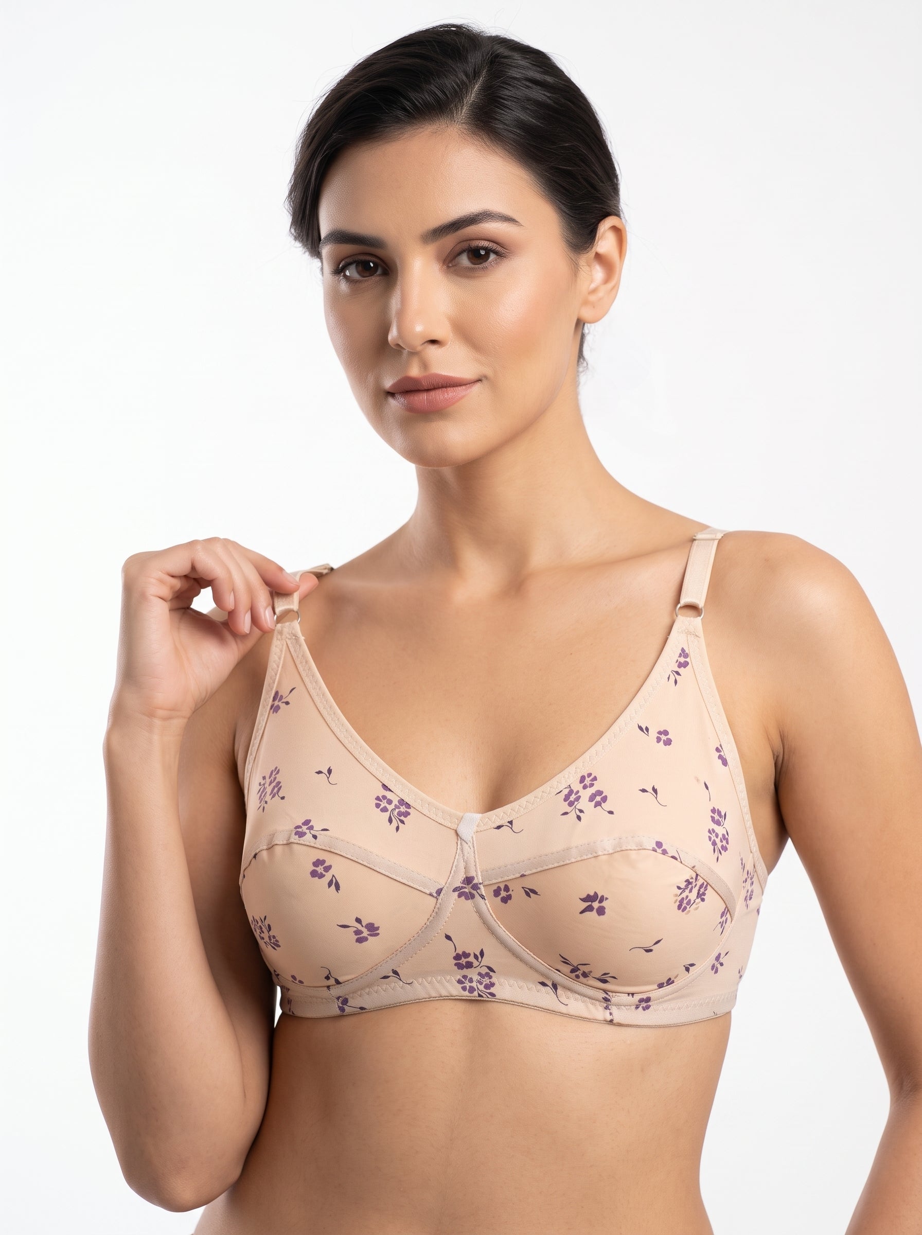 Flora Soft, breathable fabric with full coverage and non-wired comfort for daily wear.Adjustable straps, cute purple floral print, and 2-hook back closure for easy fit.