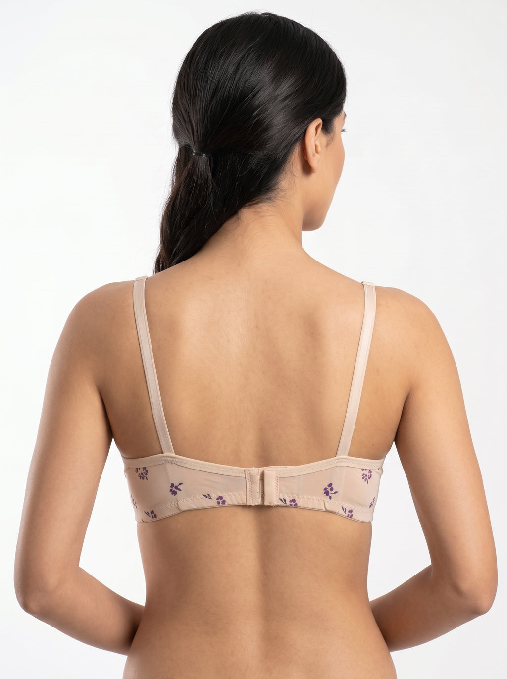 Flora Soft, breathable fabric with full coverage and non-wired comfort for daily wear.Adjustable straps, cute purple floral print, and 2-hook back closure for easy fit.