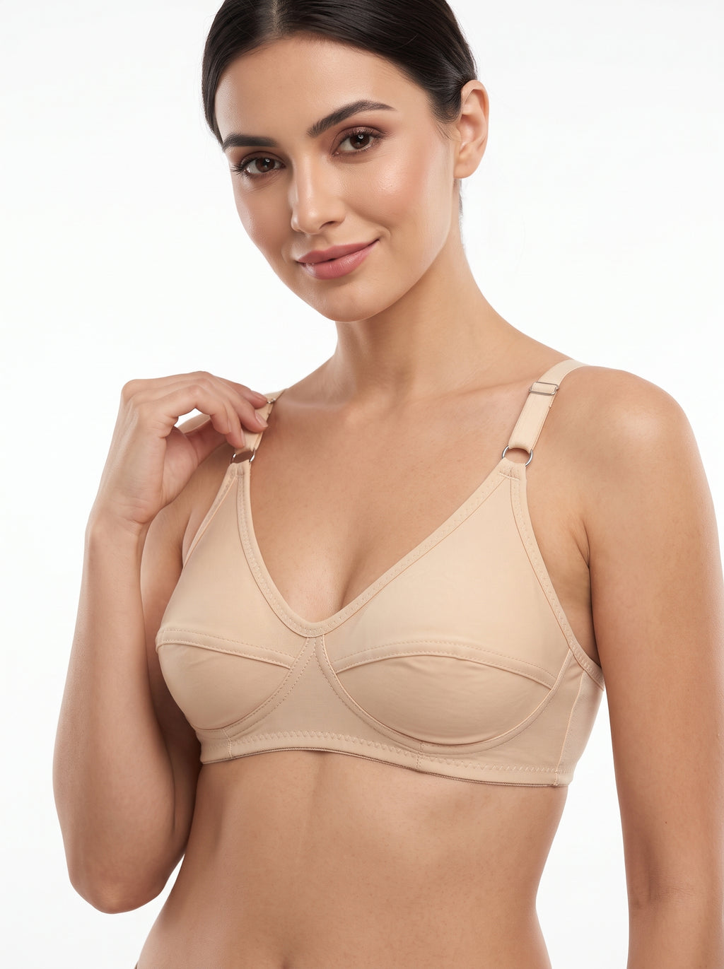 Full Coverage Non-Wired BraDesigned for all-day comfort with full coverage cups and a wire-free fit that prevents irritation.  Panel stitching gives natural lift while the wide straps and 3-hook back provide secure, lasting support.