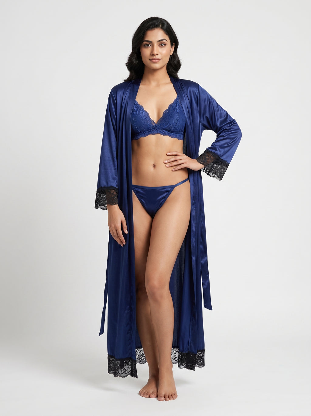 Indulge in elegant comfort with this royal blue satin robe set, featuring delicate black lace accents for a luxurious and feminine finish.