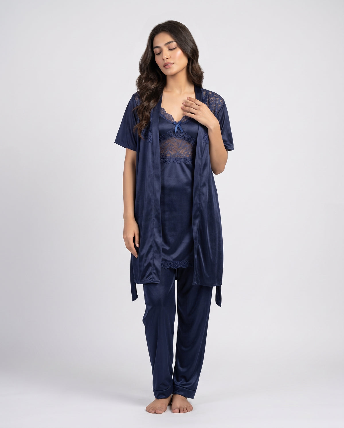 Experience elegant comfort with this beautifully coordinated satin nightwear set, featuring delicate lace detailing and a sophisticated layered design.