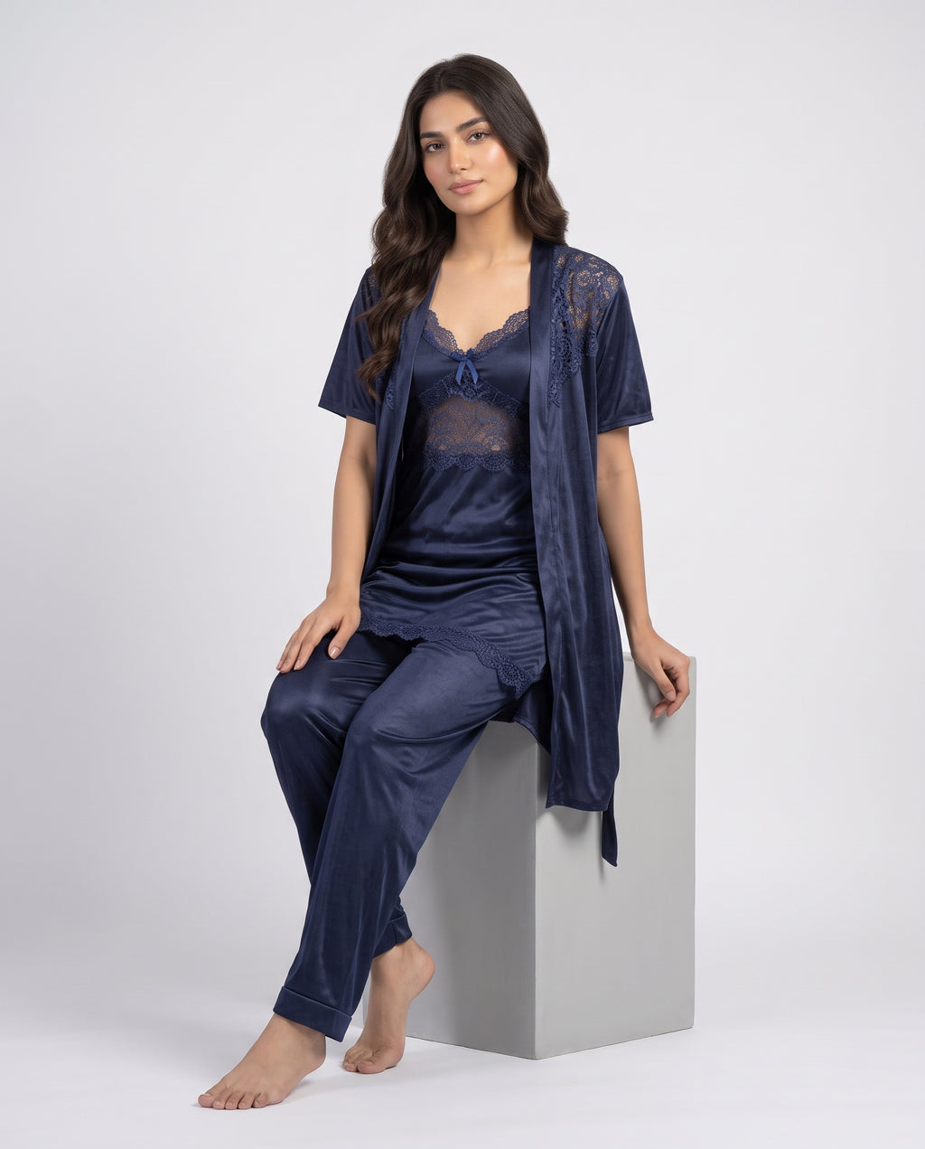Experience elegant comfort with this beautifully coordinated satin nightwear set, featuring delicate lace detailing and a sophisticated layered design.