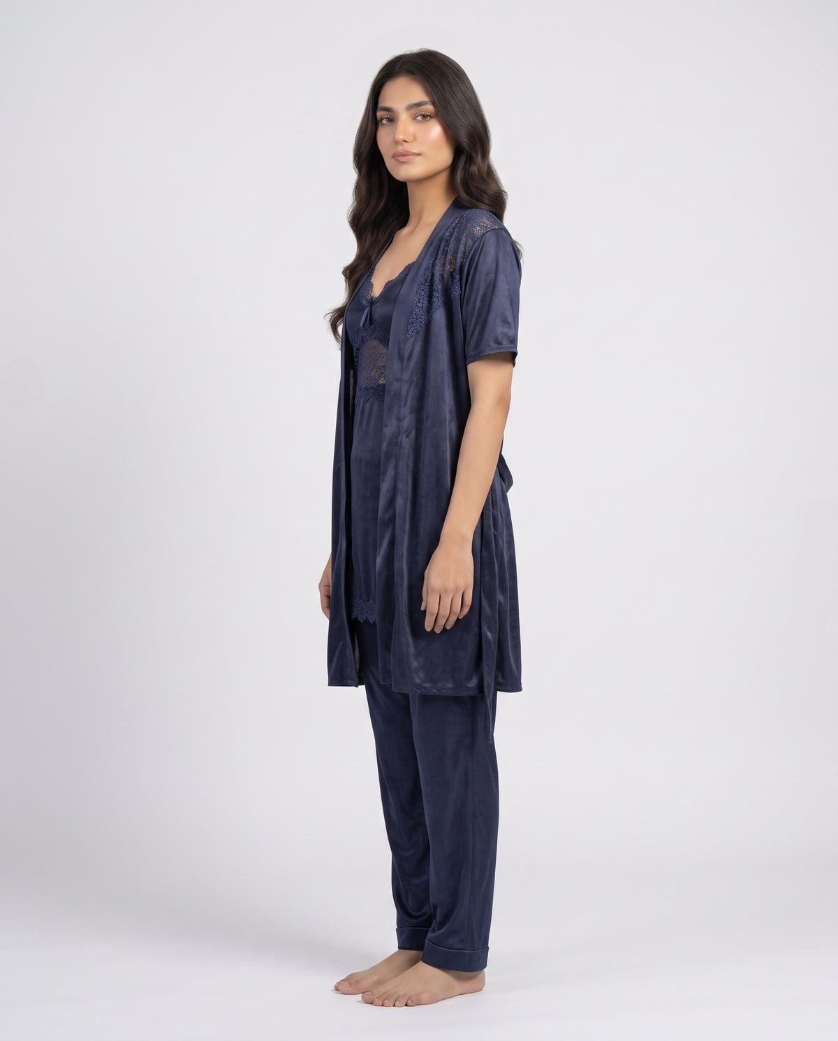Experience elegant comfort with this beautifully coordinated satin nightwear set, featuring delicate lace detailing and a sophisticated layered design.